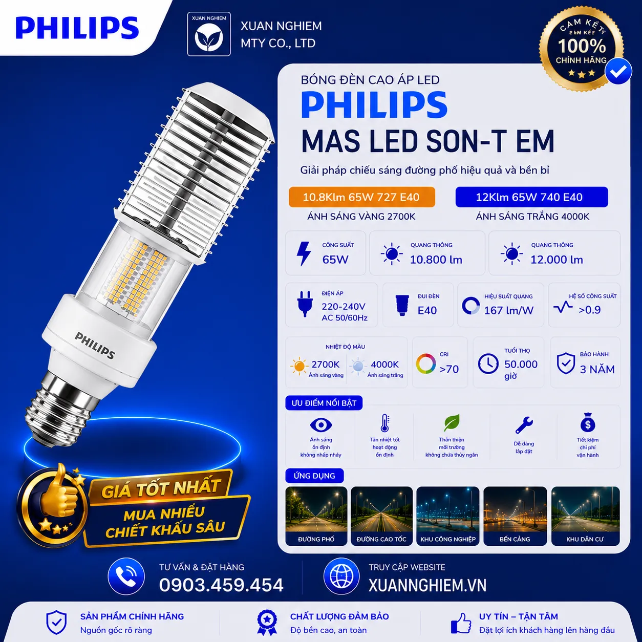 Bóng đèn cao áp LED Philips MAS LED SON-T EM 10.8Klm 65W 727 E40 / MAS LED SON-T EM 12Klm 65W 740 E40