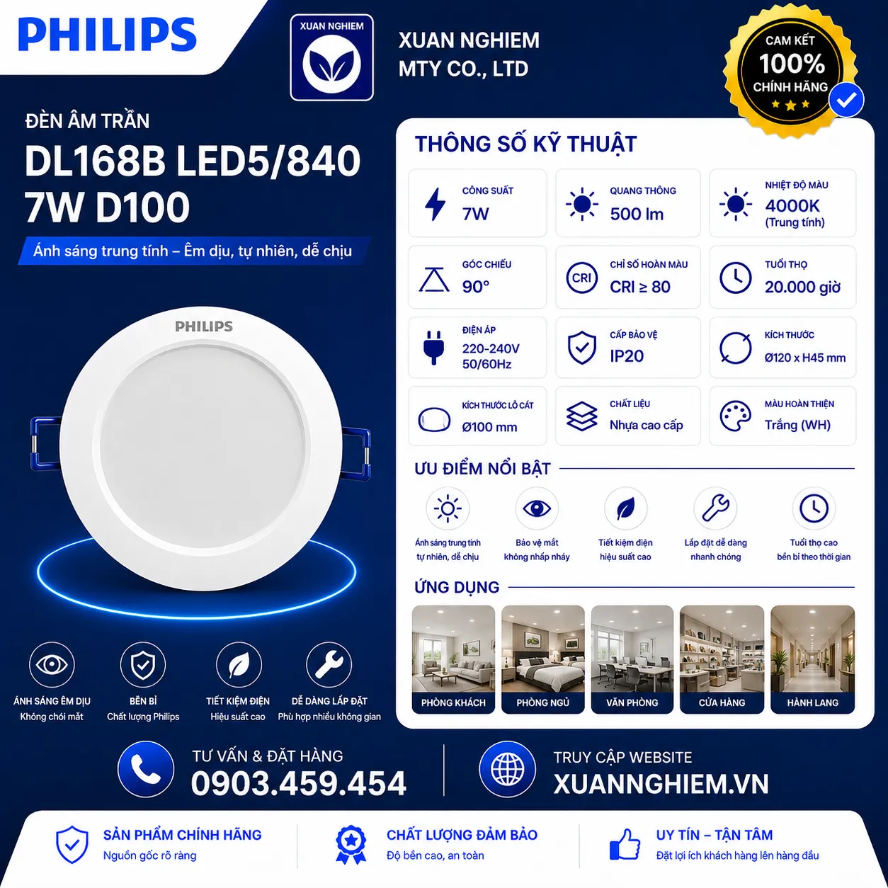 Đèn âm trần lỗ cắt 100 DL168B LED5/840 7W D100