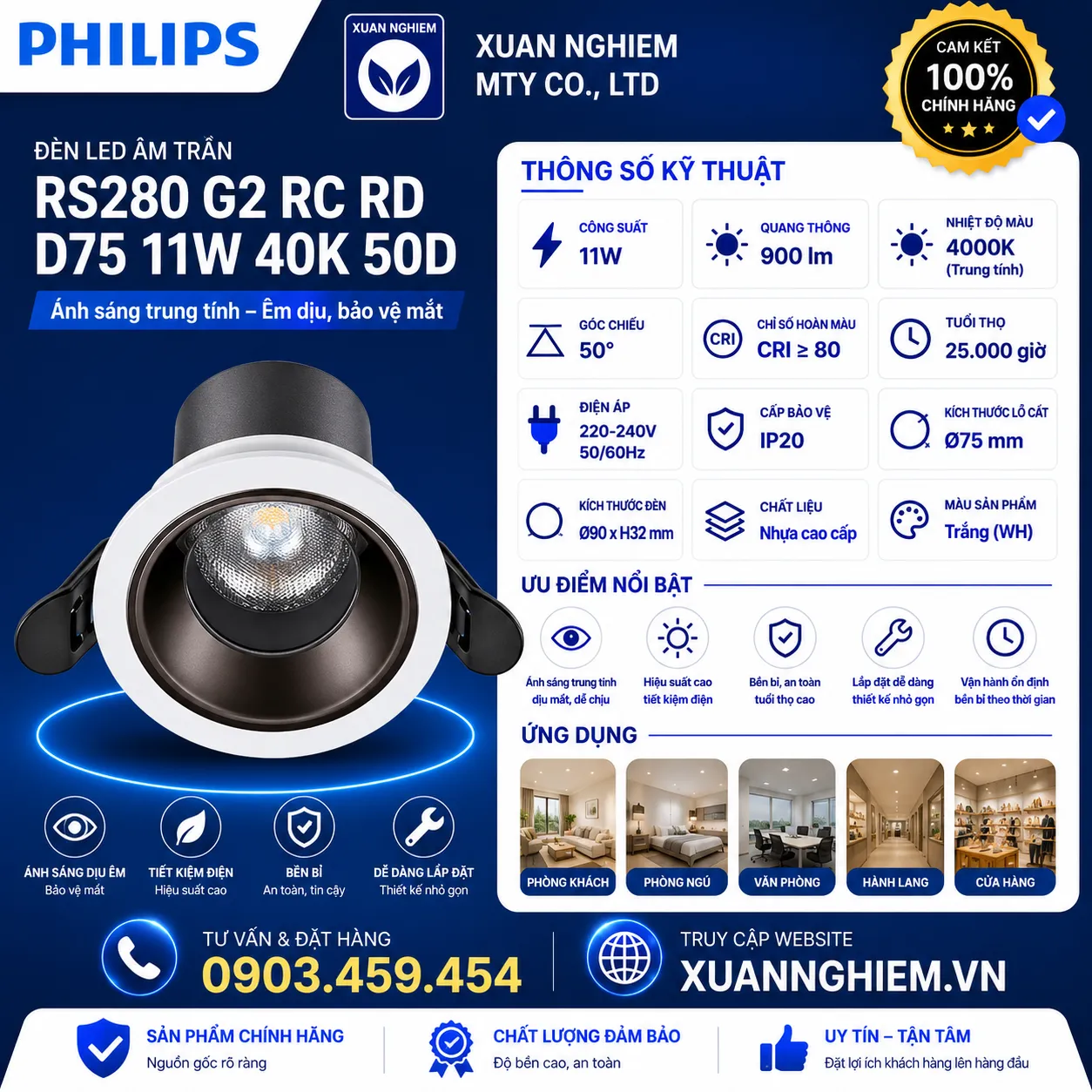Đèn LED âm trần RS280 G2 RC RD D75 11W 40K 50D