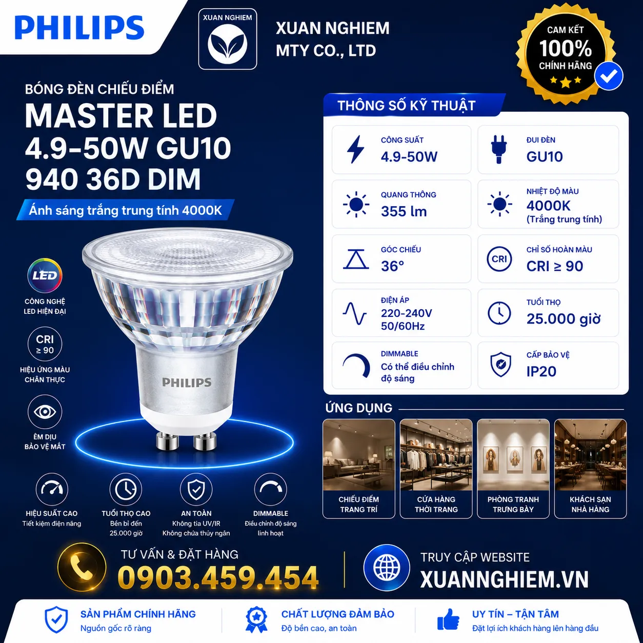 Bóng đèn chiếu điểm Master Led 4.9-50W GU10 940 36D Dim