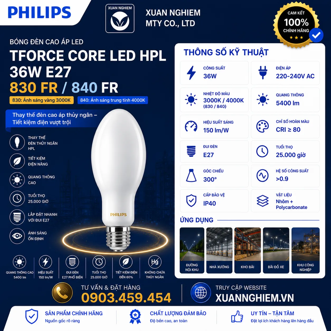 Bóng đèn cao áp LED Philips TForce Core LED HPL 36W E27 830 FR / TForce Core LED HPL 36W E27 840 FR