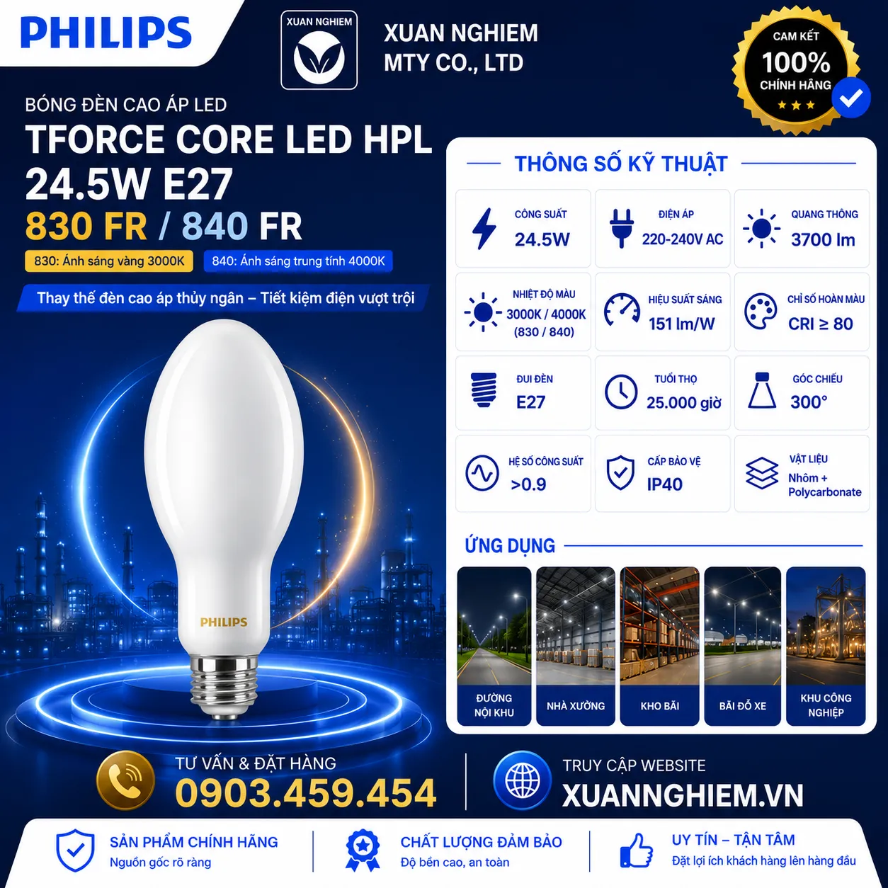 Bóng đèn cao áp LED Philips TForce Core LED HPL 24.5W E27 830 FR / TForce Core LED HPL 24.5W E27 840 FR