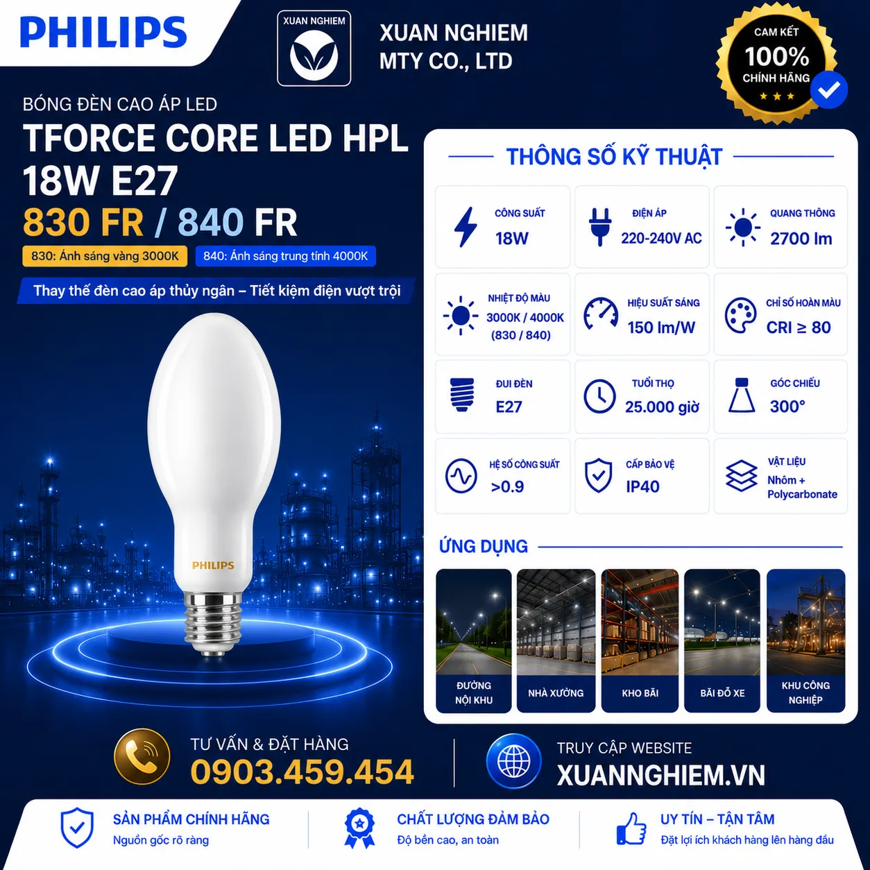 Bóng đèn cao áp LED Philips TForce Core LED HPL 18W E27 830 FR / TForce Core LED HPL 18W E27 840 FR