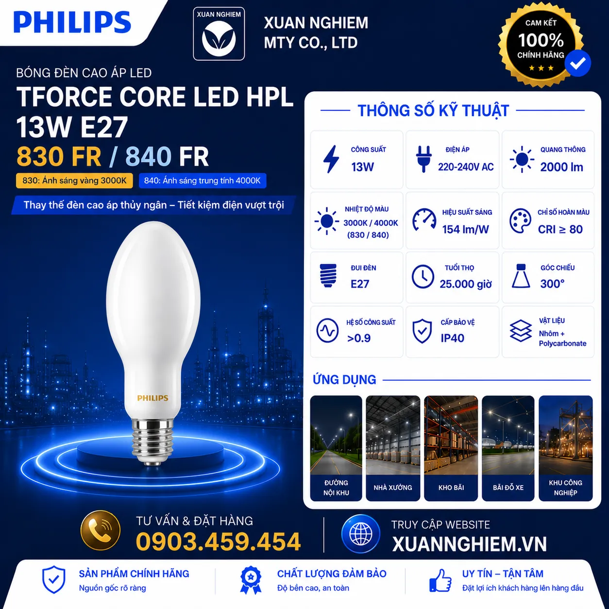 Bóng đèn cao áp LED Philips TForce Core LED HPL 13W E27 830 FR / TForce Core LED HPL 13W E27 840 FR