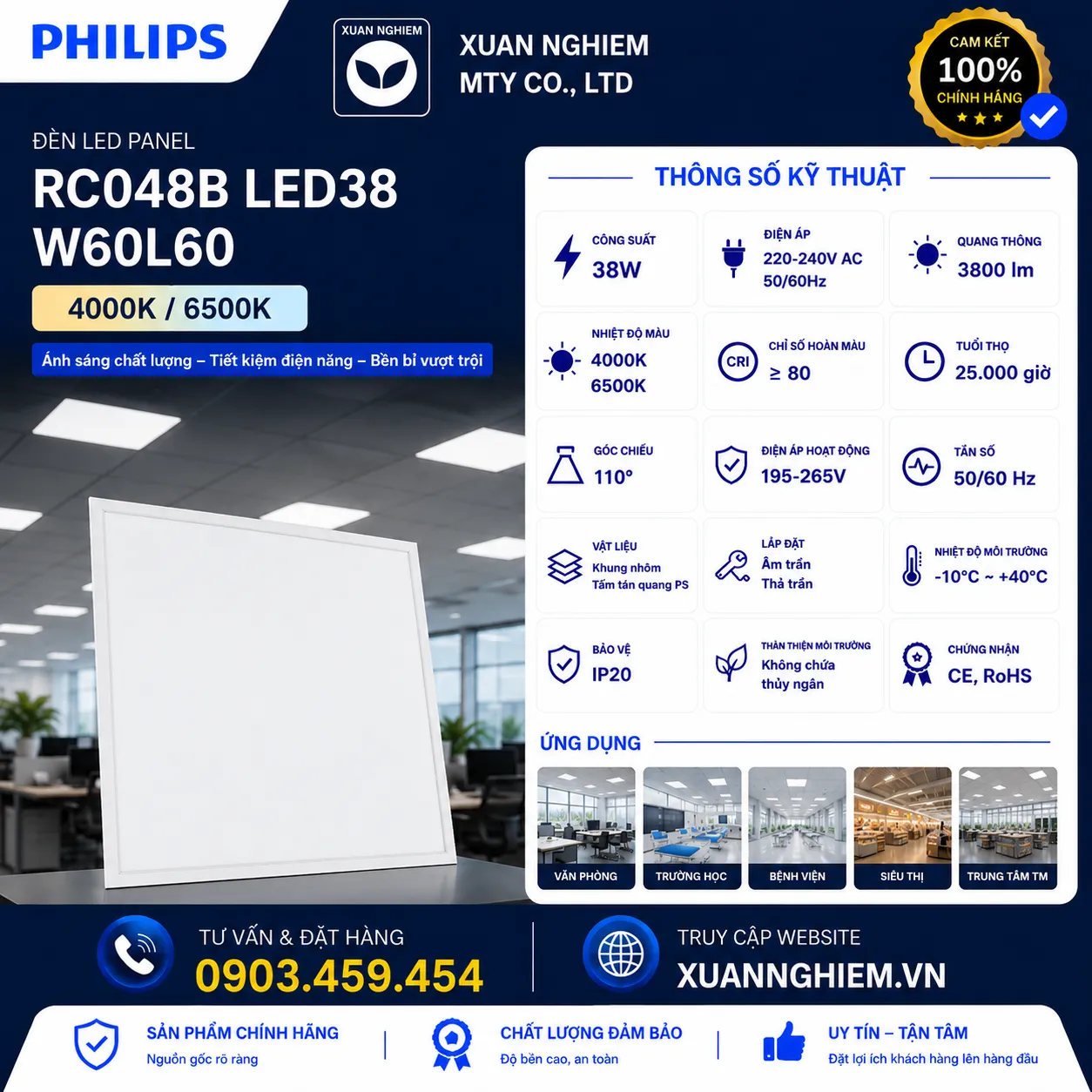 Đèn LED Panel RC048B LED38 W60L60 4000K/6500K