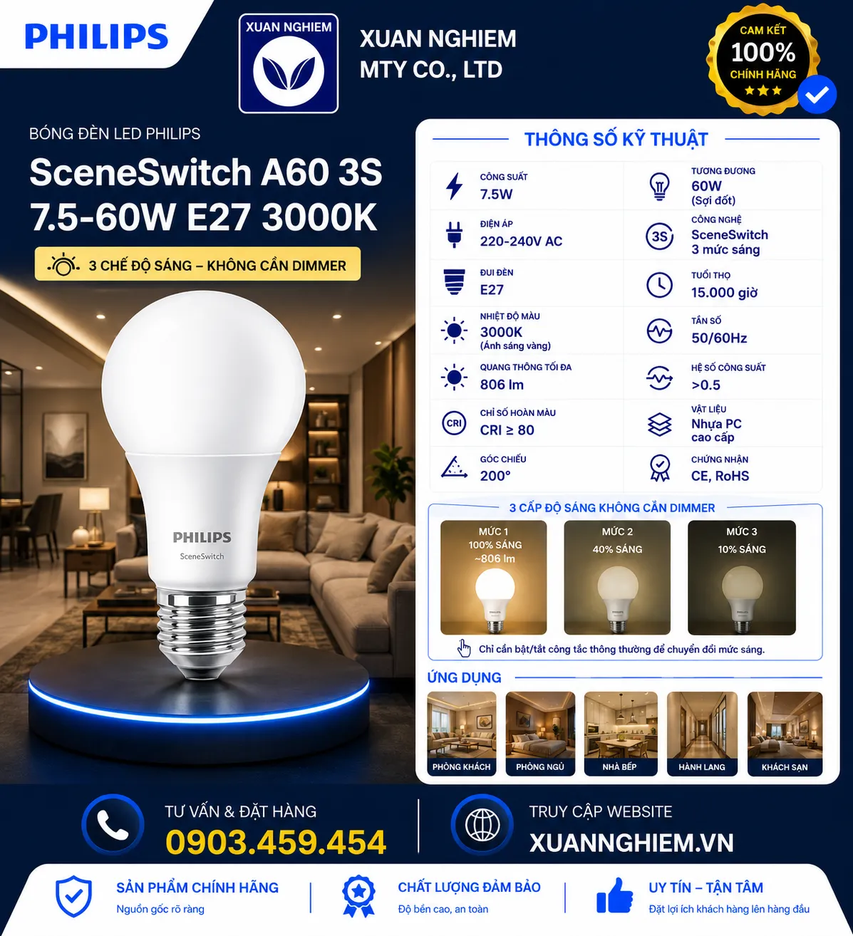 Bóng đèn 3 chế cấp độ sáng Scene Switch A60 3S 7.5-60W E27 3000K