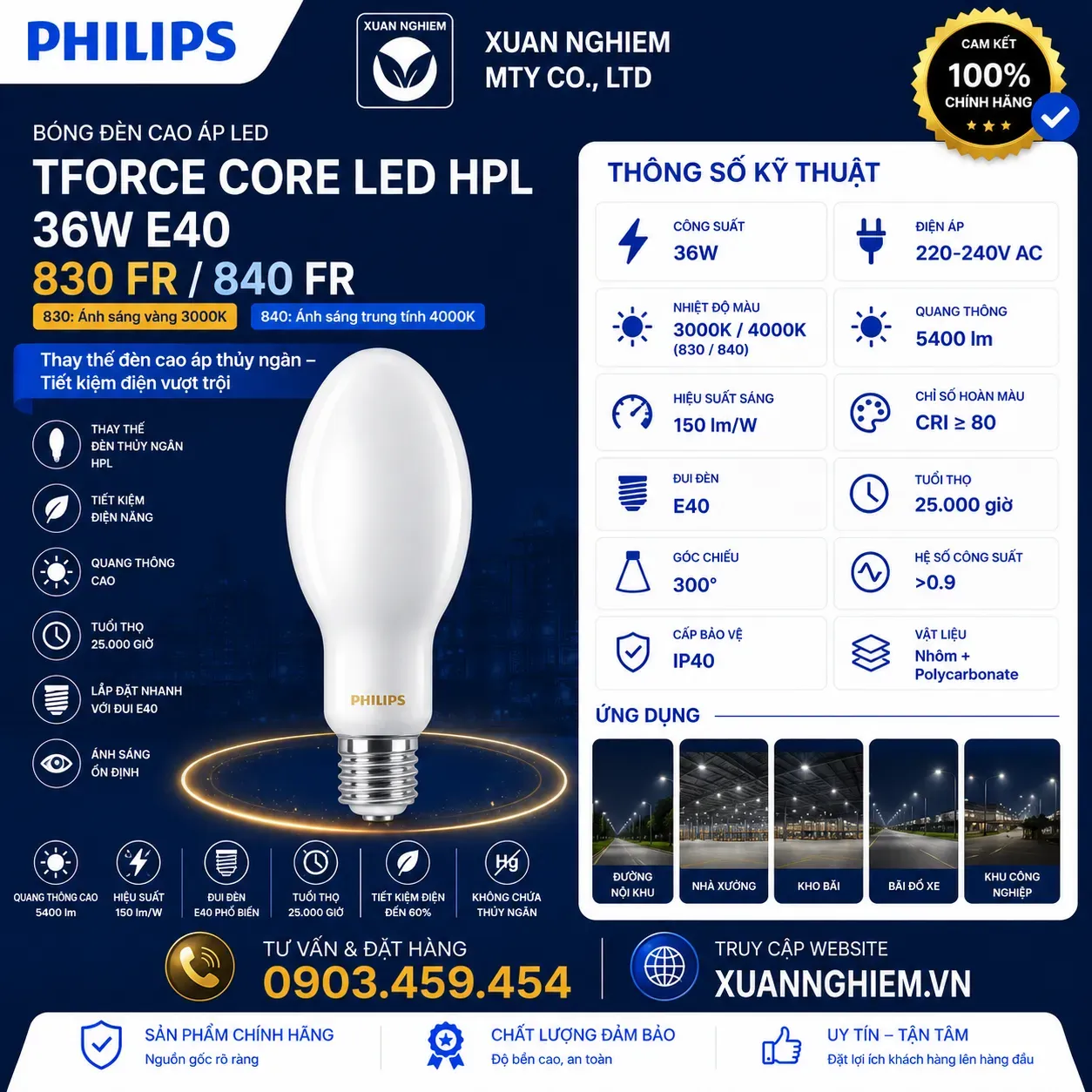 Bóng đèn cao áp LED Philips TForce Core LED HPL 36W E40 830 FR / TForce Core LED HPL 36W E40 840 FR