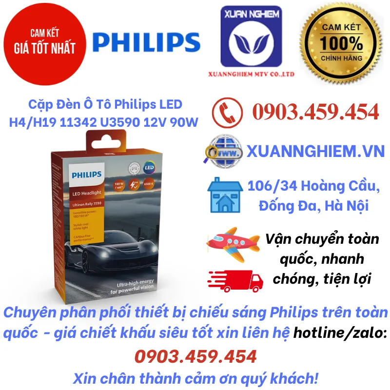 Cặp Đèn Ô Tô Philips LED H4/H19 11342 U3590 12V 90W / Ultinon Rally 3950