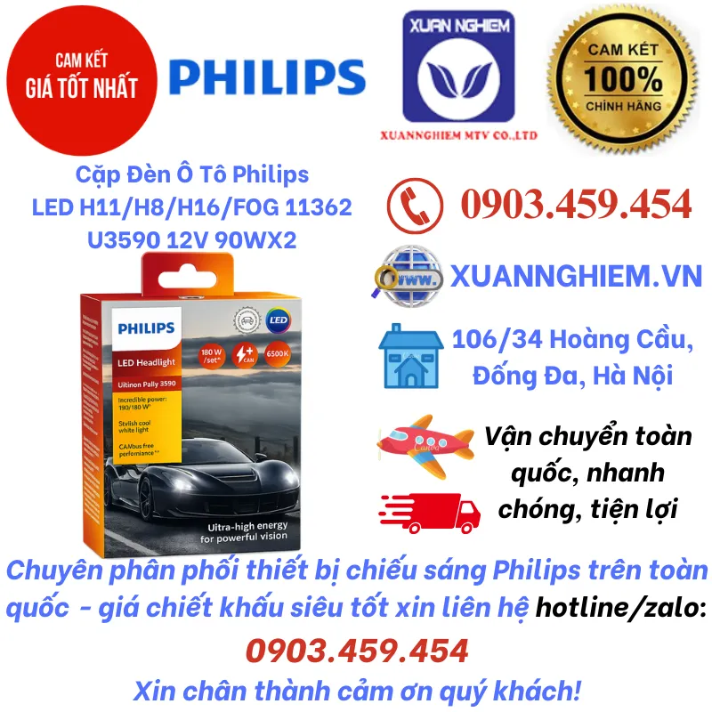 Cặp Đèn Ô Tô Philips LED H11/H8/H16/FOG 11362 U3590 12V 90WX2