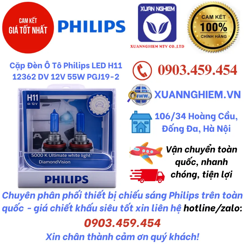 Cặp Đèn Ô Tô Philips LED H11 12362 DV 12V 55W PGJ19-2