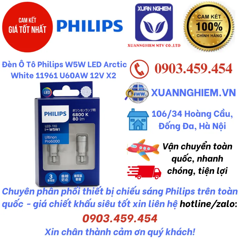 Đèn Ô Tô Philips W5W LED Arctic White 11961 U60AW 12V X2 6800K 80LM
