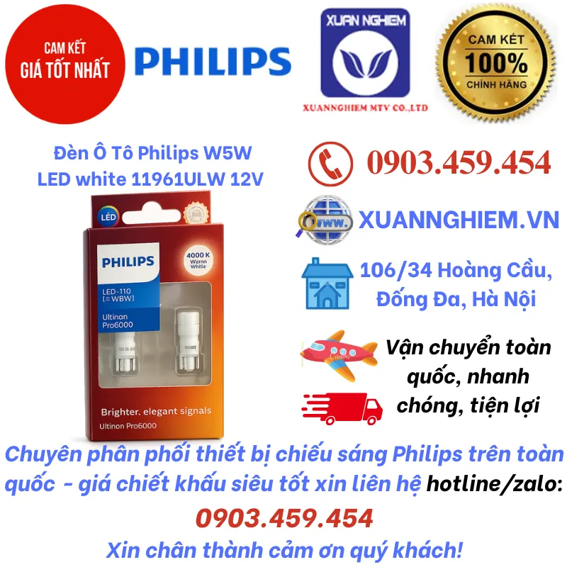 Đèn Ô Tô Philips W5W LED white 24961 WU60 24V