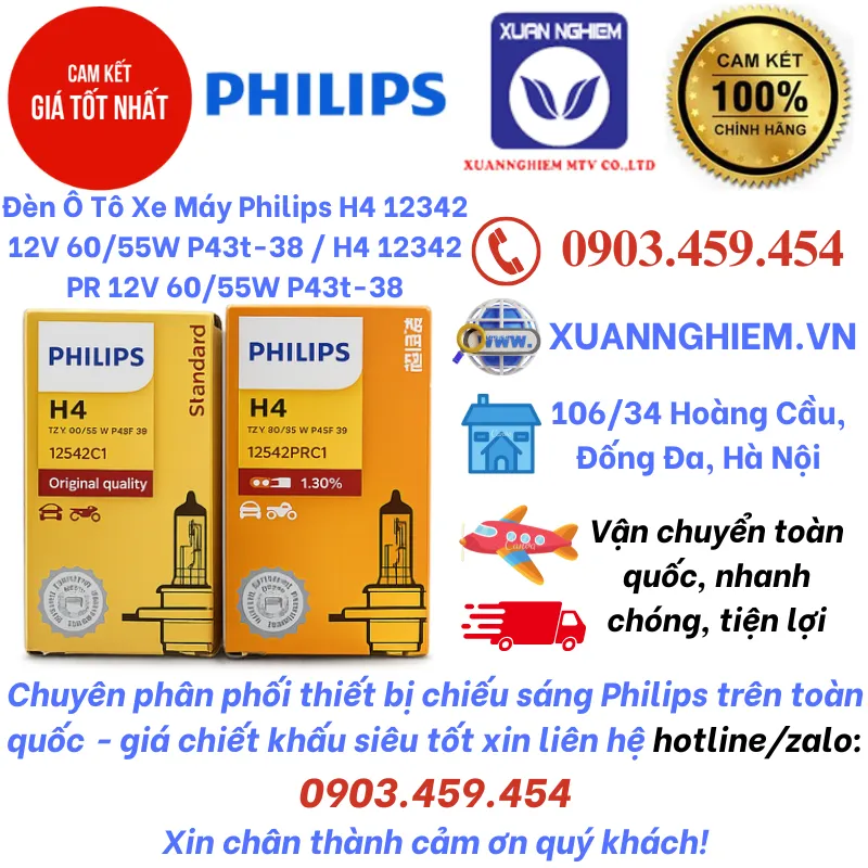 Đèn Ô Tô Xe Máy Philips H4 12342 12V 60/55W P43t-38 / H4 12342 PR 12V 60/55W P43t-38