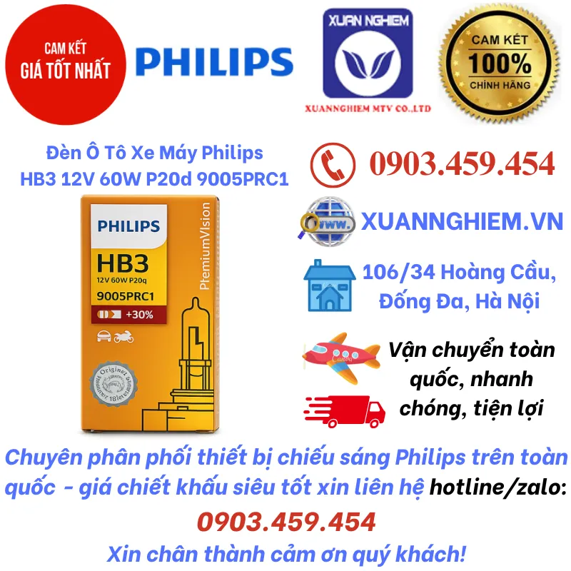 Đèn Ô Tô Xe Máy Philips HB3 12V 60W P20d 9005PRC1
