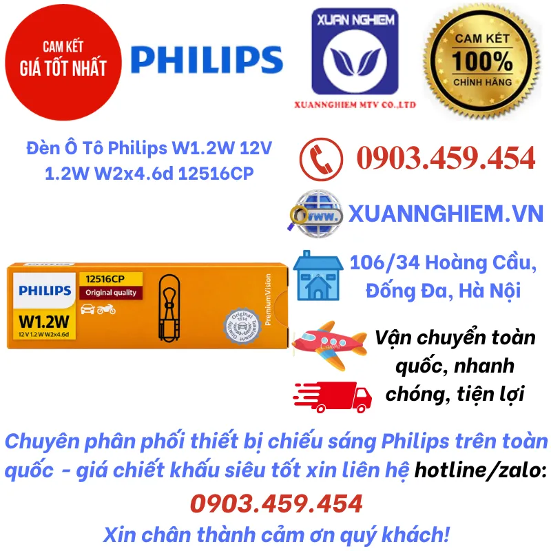 Đèn Ô Tô Philips W1.2W 12V 1.2W W2x4.6d 12516CP