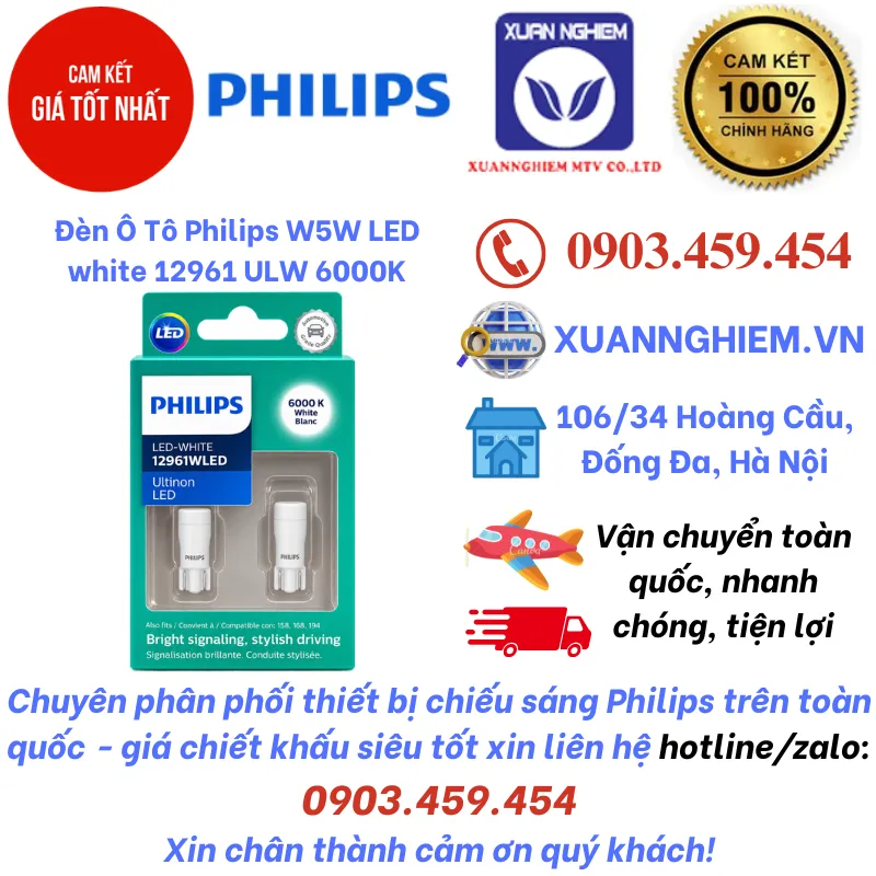 Đèn Ô Tô Philips W5W LED white 12961 ULW 6000K