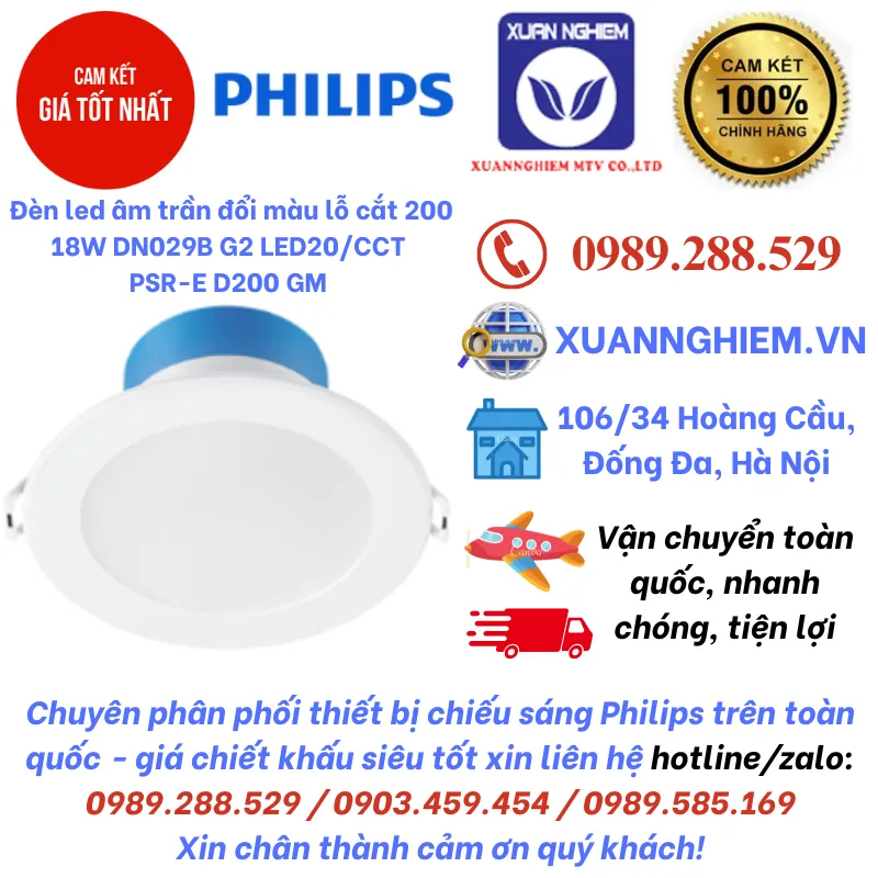 Đèn led âm trần đổi màu lỗ cắt 200 18W DN029B G2 LED20/CCT PSR-E D200 GM Philips