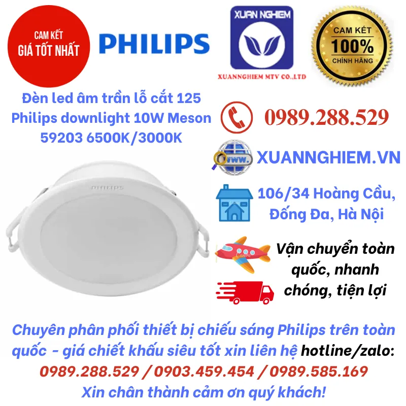 Đèn led âm trần lỗ cắt 125 Philips downlight 10W Meson 59203 6500K/3000K