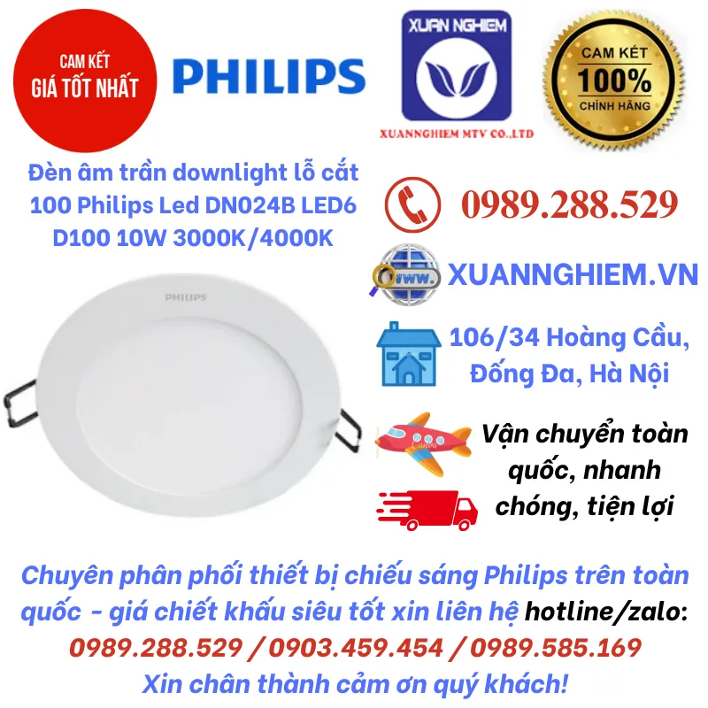 Đèn âm trần downlight lỗ cắt 100 Philips Led DN024B LED6 D100 10W 3000K/4000K