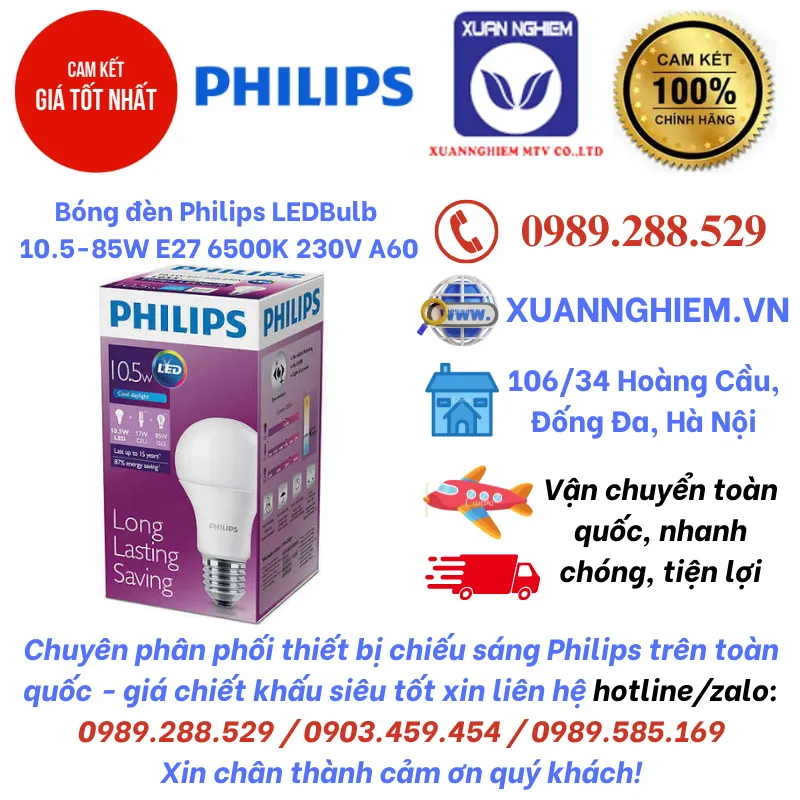 Bóng đèn Philips LEDBulb 10.5-85W E27 6500K 230V A60