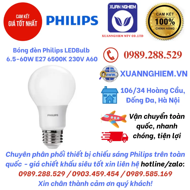 Bóng đèn Philips LEDBulb 6.5-60W E27 6500K 230V A60