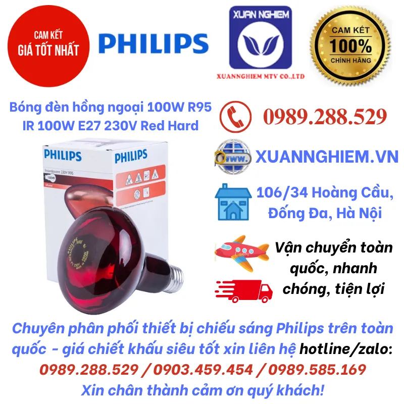 Bóng đèn hồng ngoại 100W Philips R95 IR 100W E27 230V Red Hard