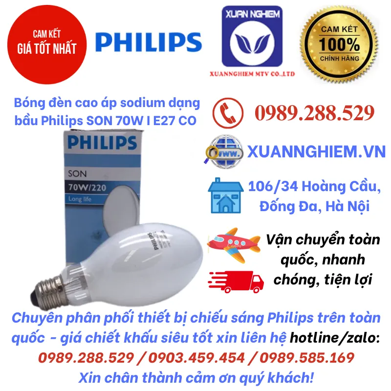 Bóng đèn cao áp sodium dạng bầu Philips SON 70W I E27 CO 1CT/24