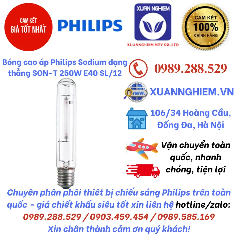 Bóng cao áp Philips Sodium dạng thẳng SON-T 250W E40 SL/12