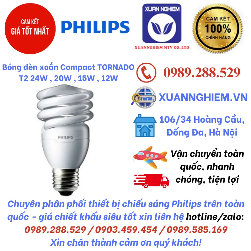 Bóng đèn xoắn Philips Compact TORNADO T2 24W E27, TORNADO 20W, TORNADO 15W, TORNADO 12W