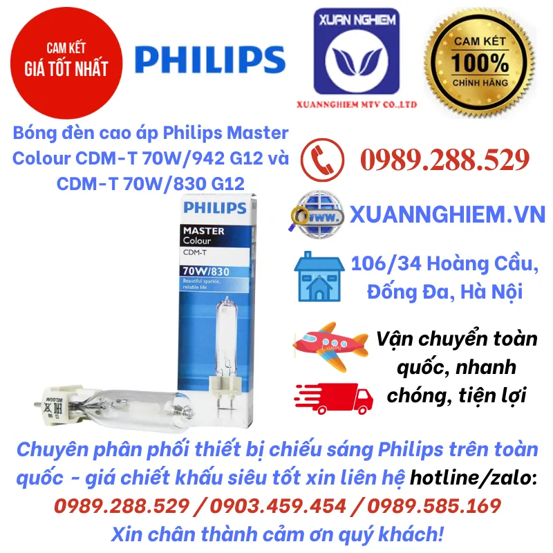 Bóng đèn cao áp Philips Master Colour CDM-T 70W/942 G12 và CDM-T 70W/830 G12