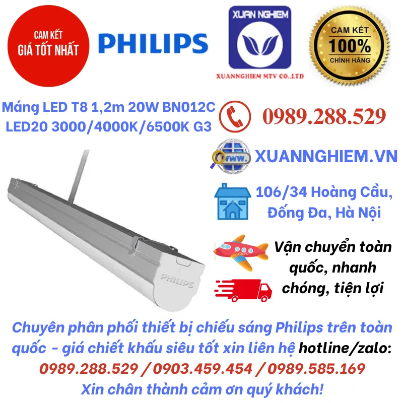 Máng LED T8 1,2m 20W BN012C LED20 3000/4000K/6500K G3 220V