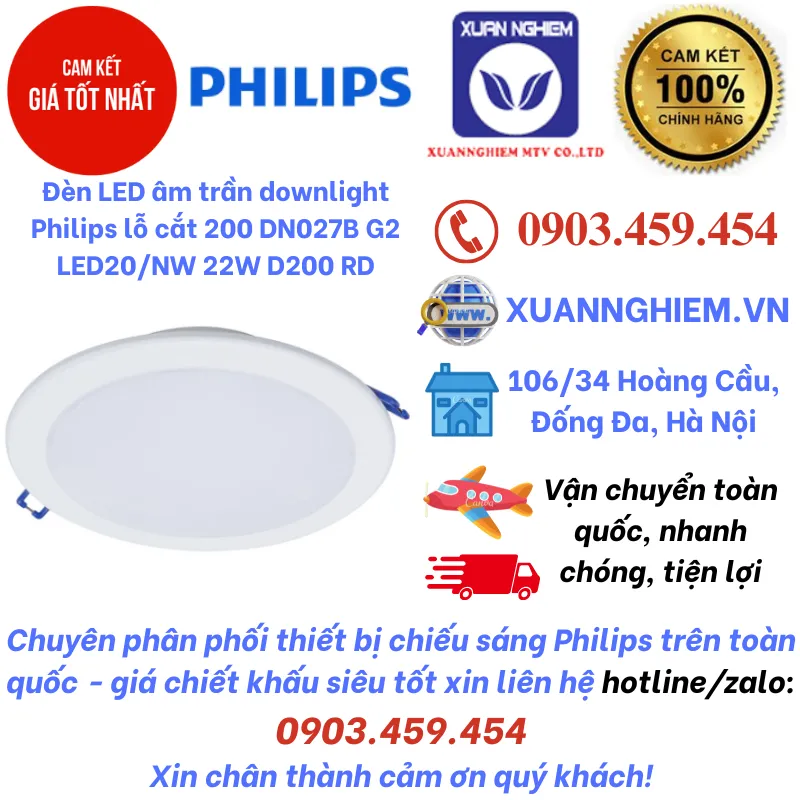 Đèn LED âm trần downlight Philips lỗ cắt 200 DN027B G2 LED20/NW 22W D200 RD