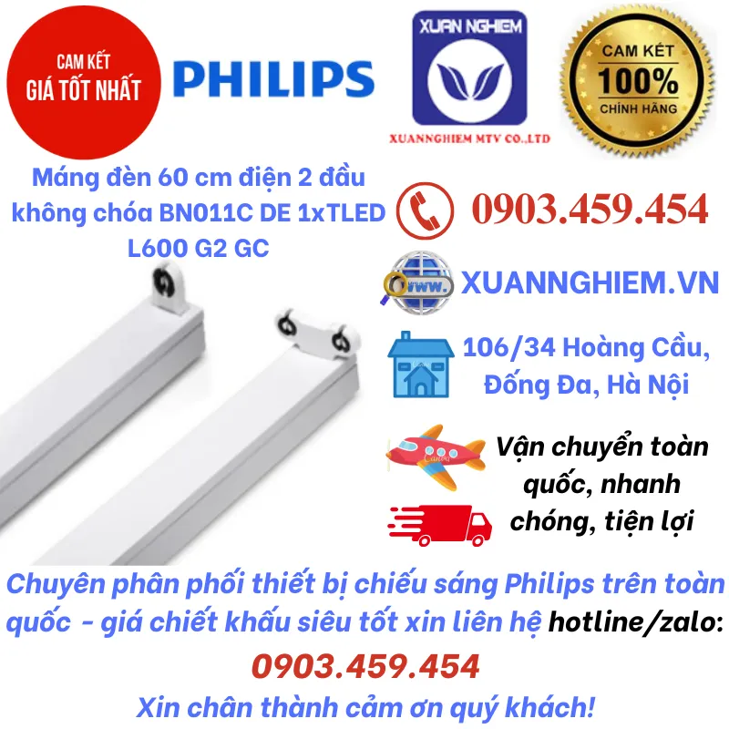 Máng đèn 60 cm điện 2 đầu không chóa BN011C DE 1xTLED L600 G2 GC