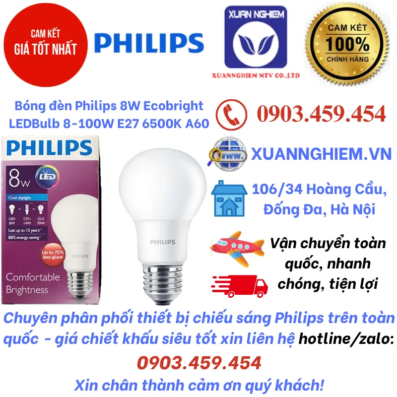 Bóng đèn Philips 8W Ecobright LEDBulb 8-100W E27 6500K A60