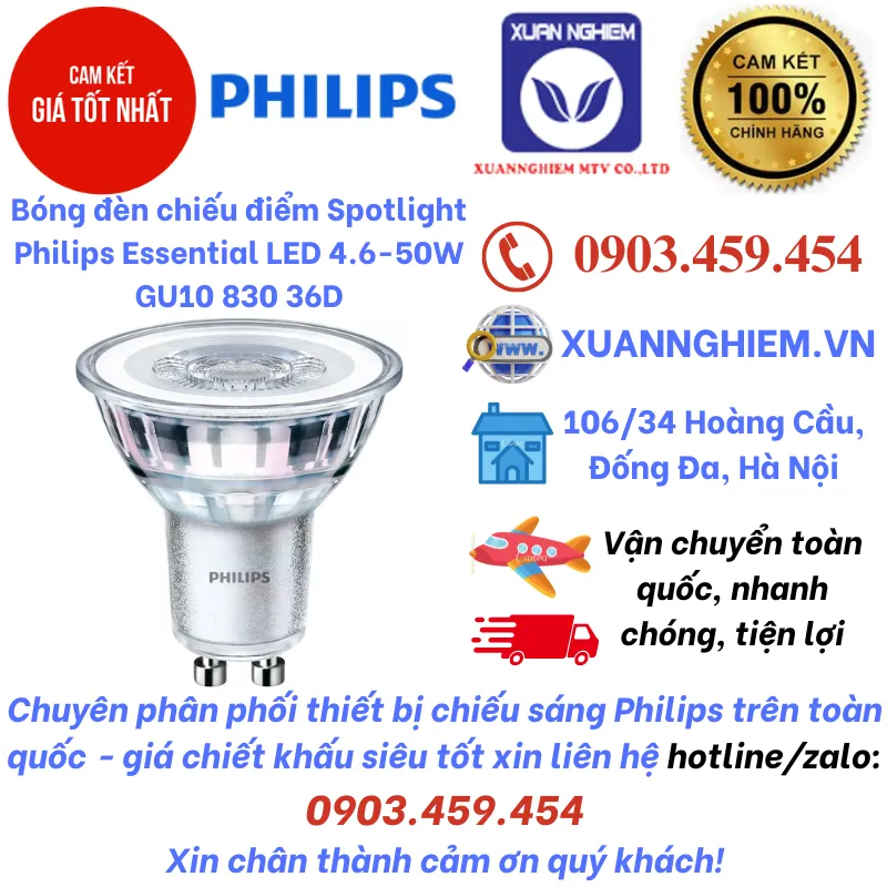 Bóng đèn chiếu điểm Spotlight Philips Essential LED 4.6-50W GU10 830 36D