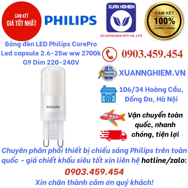 Bóng đèn LED Philips CorePro Led capsule 2.6-25w ww 2700k G9 Dim 220-240v