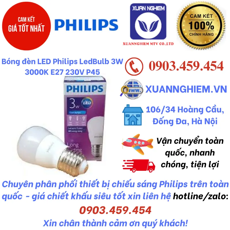 Bóng đèn LED Philips LedBulb 3W 3000K E27 230V P45