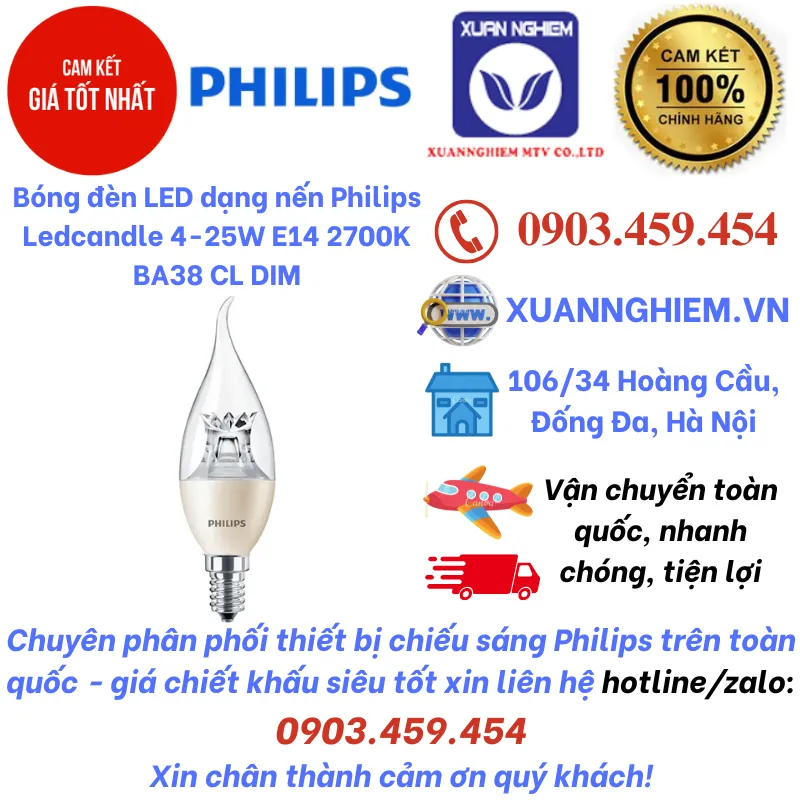 Bóng đèn LED dạng nến Philips Ledcandle 4-25W E14 2700K BA38 CL DIM