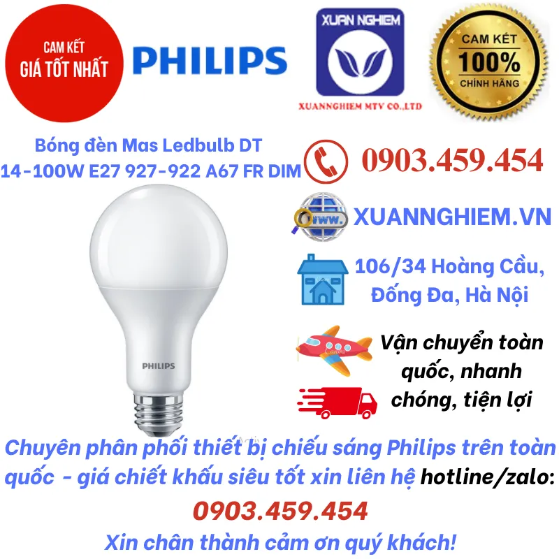 Bóng đèn Mas Ledbulb DT 14-100W E27 927-922 A67 FR DIM