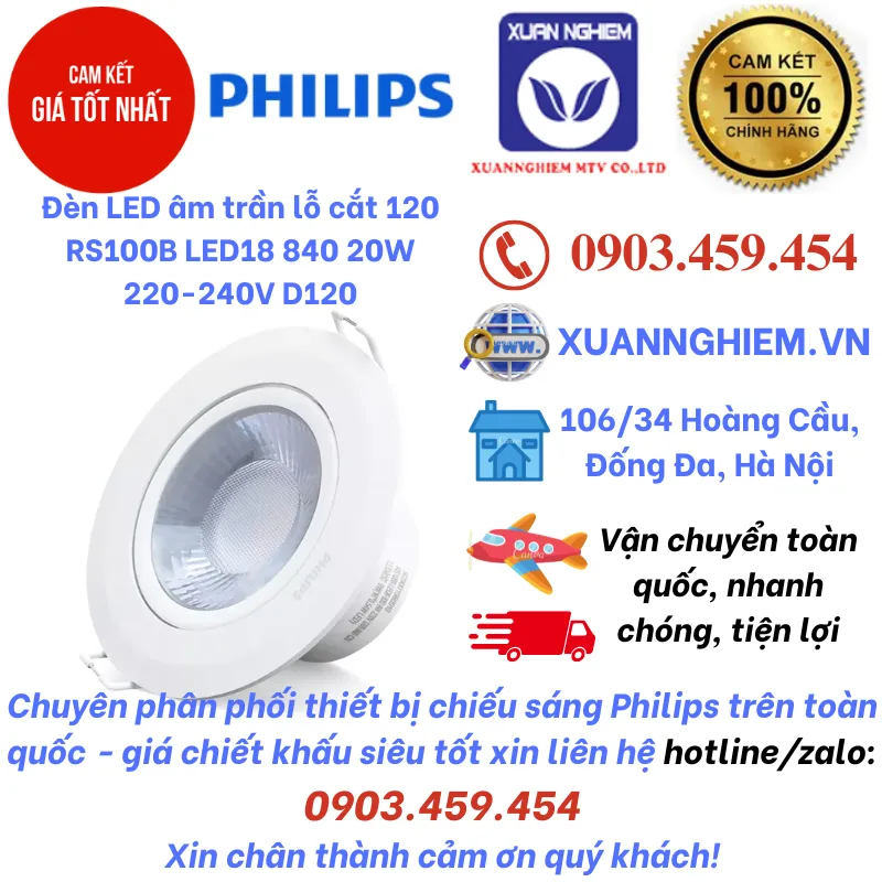 Đèn LED âm trần lỗ cắt 120 RS100B LED18 840 20W 220-240V D120