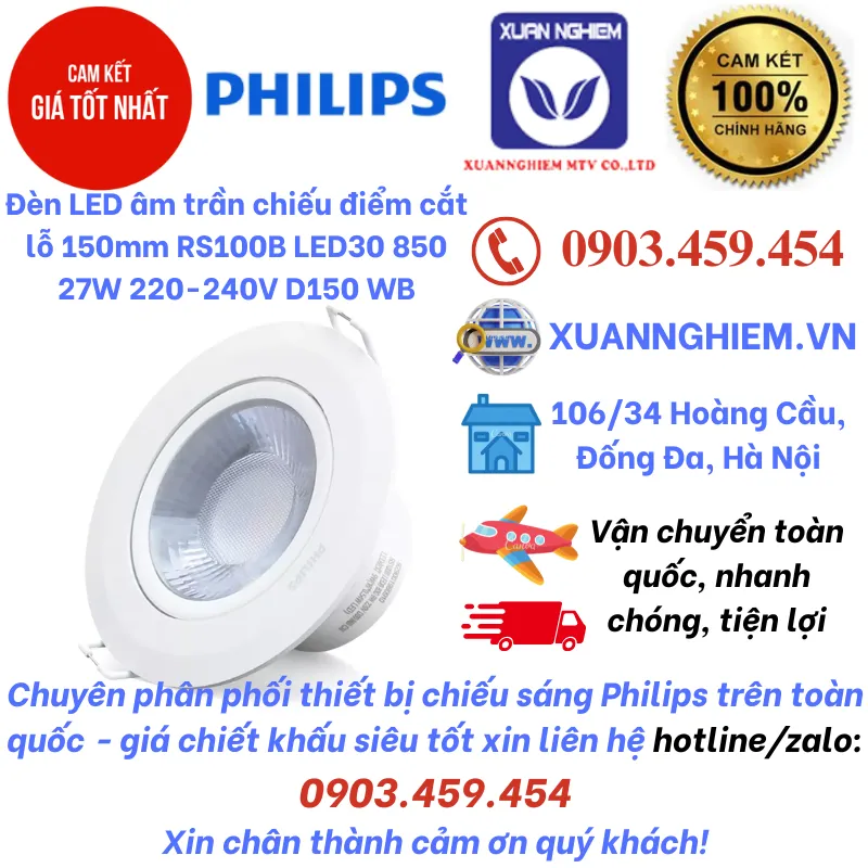 Đèn LED âm trần chiếu điểm cắt lỗ 150mm RS100B LED30 850 27W 220-240V D150 WB