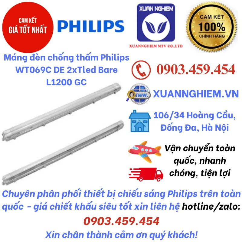 Máng đèn chống thấm Philips WT069C DE 2xTled Bare L1200 GC