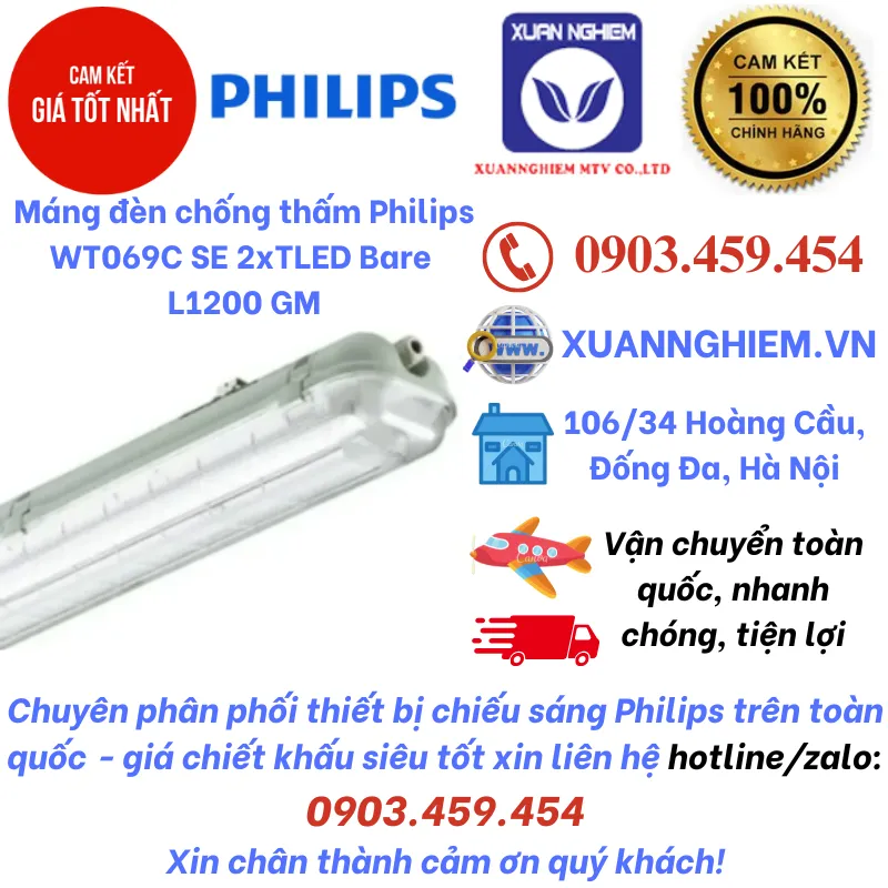 Máng đèn chống thấm Philips WT069C SE 2xTLED Bare L1200 GM