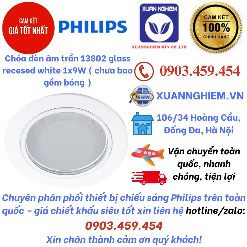 Chóa đèn âm trần 13802 glass recesed white 1x9W ( chưa bao gồm bóng )