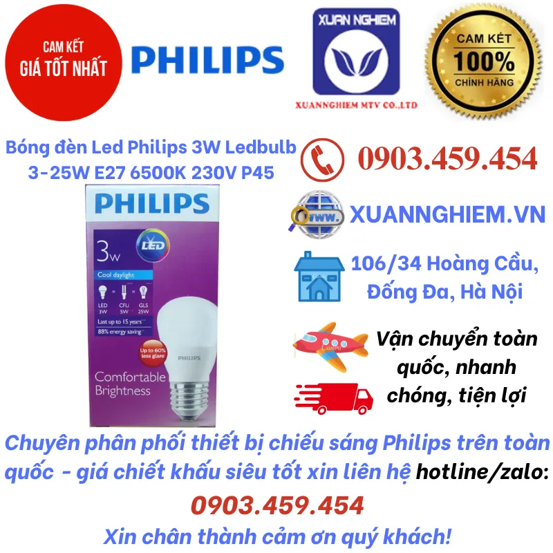 Bóng đèn Led Philips  3W Ledbulb  3-25W E27 6500K 230V P45