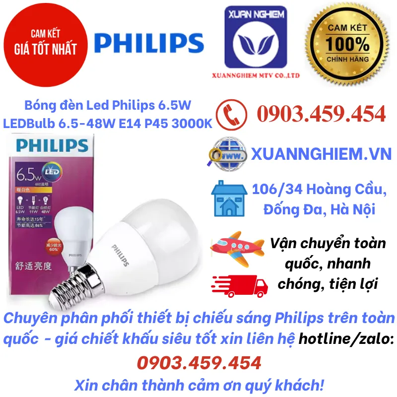 Bóng đèn Led Philips 6.5W LEDBulb 6.5-48W E14 P45 3000K