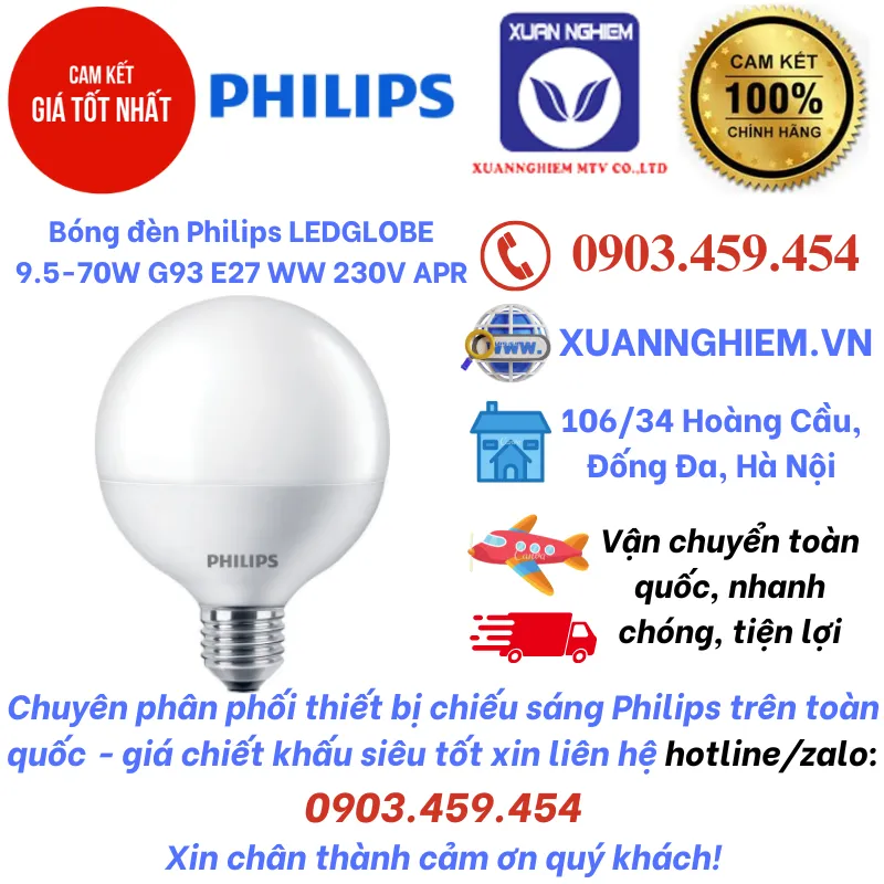 Bóng đèn Philips LEDGLOBE 9.5-70W G93 E27 WW 230V APR