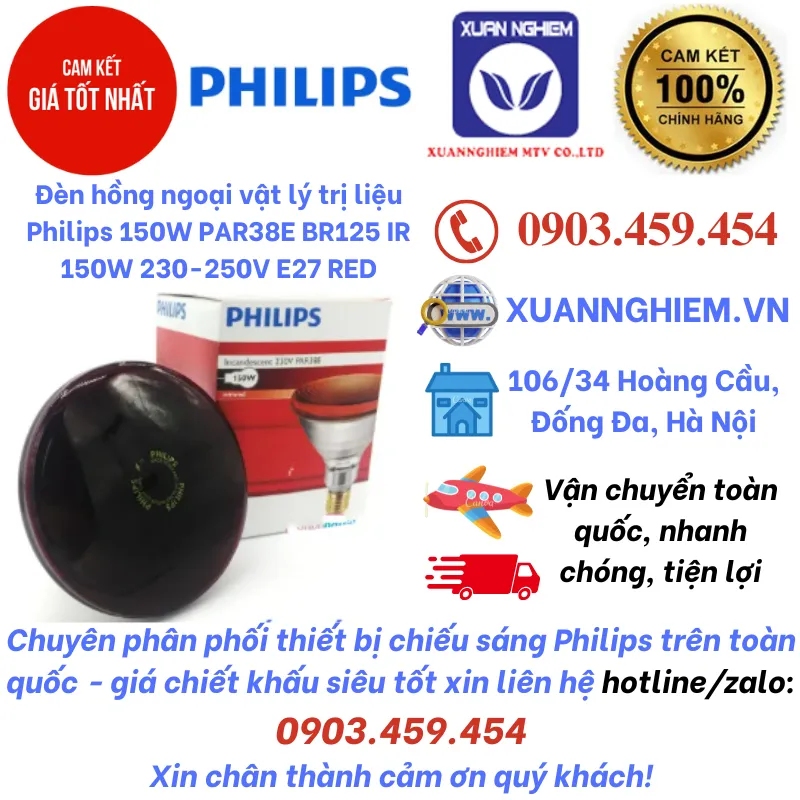 Đèn hồng ngoại vật lý trị liệu Philips 150W PAR38E BR125 IR 150W 230-250V E27 RED