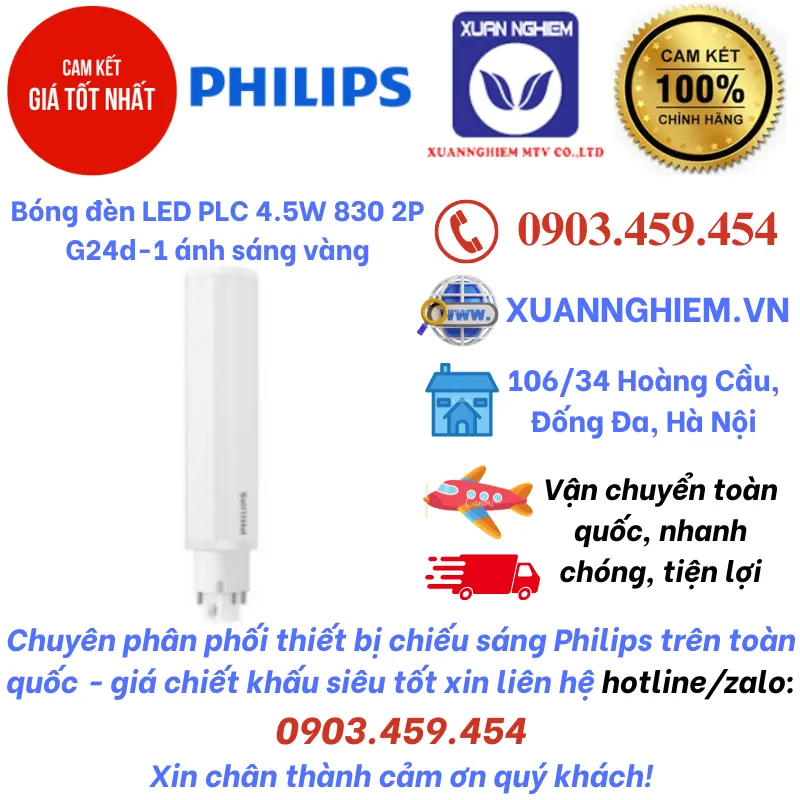 Bóng đèn LED PLC 4.5W 830 2P G24d-1 ánh sáng vàng