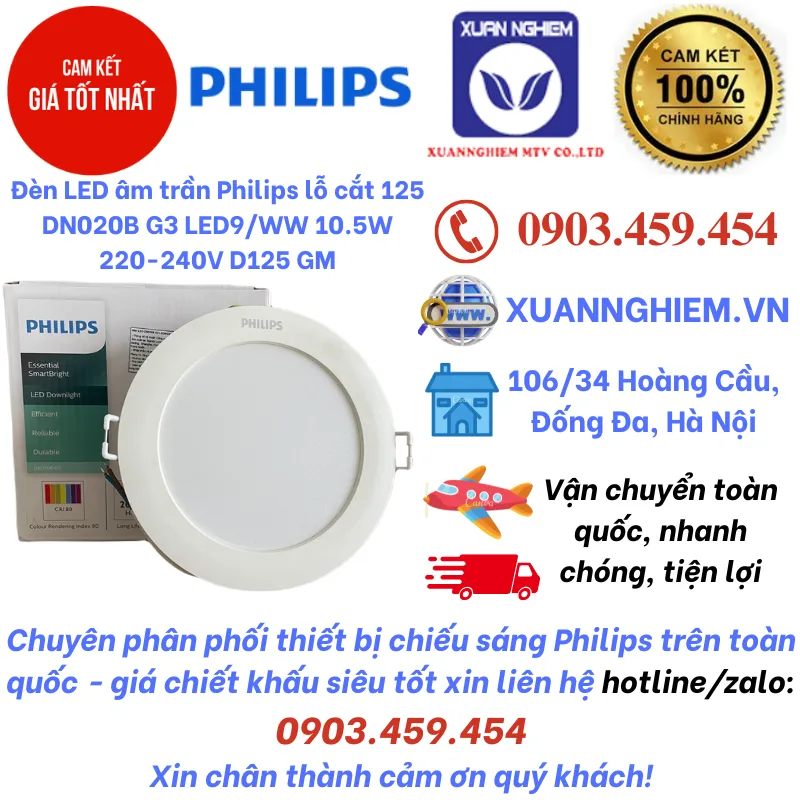 Đèn LED âm trần Philips lỗ cắt 125 DN020B G3 LED9/WW 10.5W 220-240V D125 GM